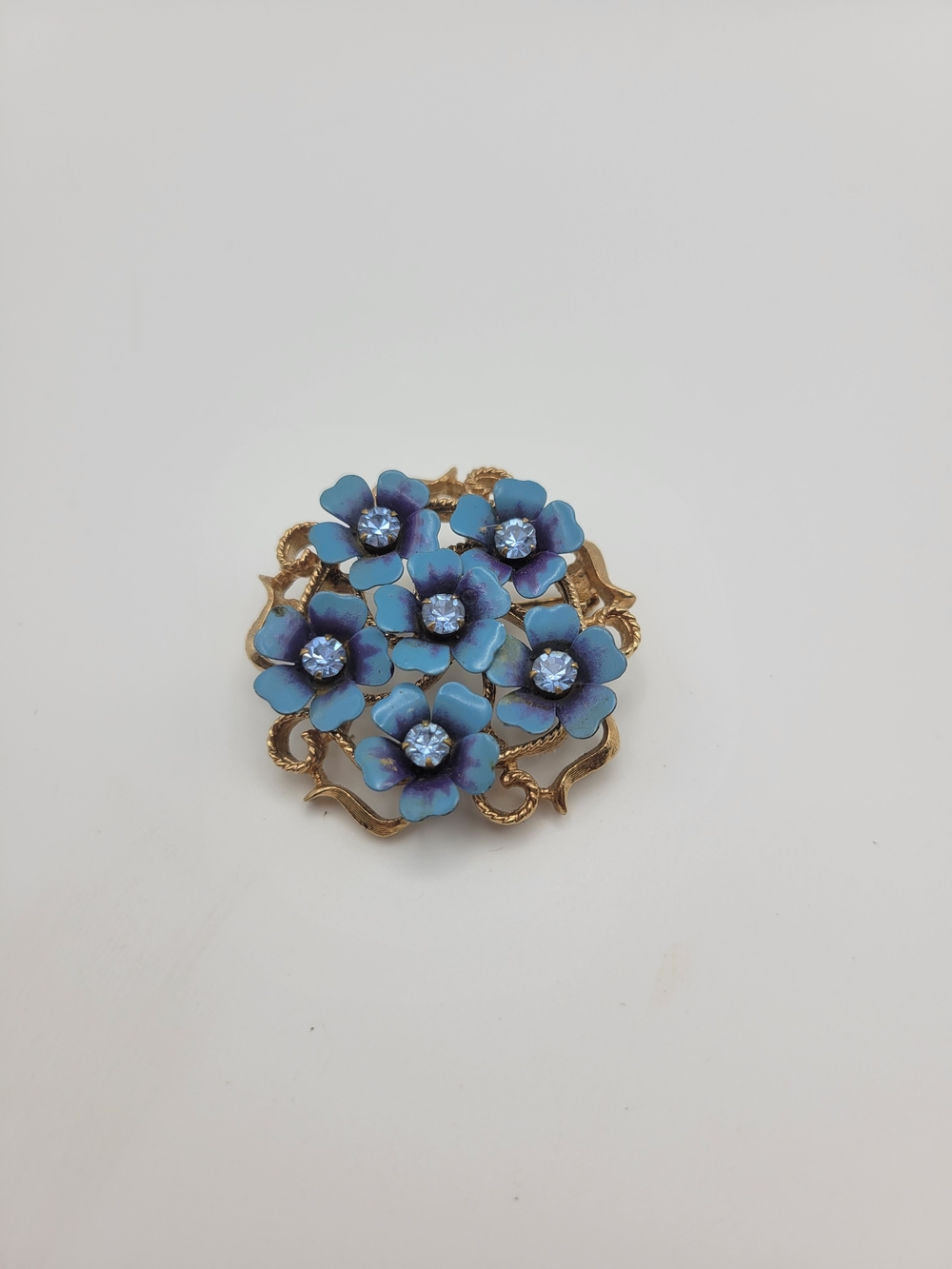 Vintage Gold-Tone Brooch with Blue Floral Crystals